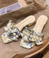 Ruffled Pearl Chunky Slide Sandals Peep Toe