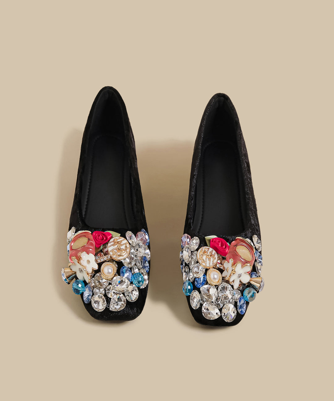 Black Faux Leather Boutique Zircon Splicing Flats Shoes