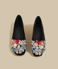 Black Faux Leather Boutique Zircon Splicing Flats Shoes