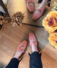 French Pink Bow Splicing Slide Sandals Square Toe