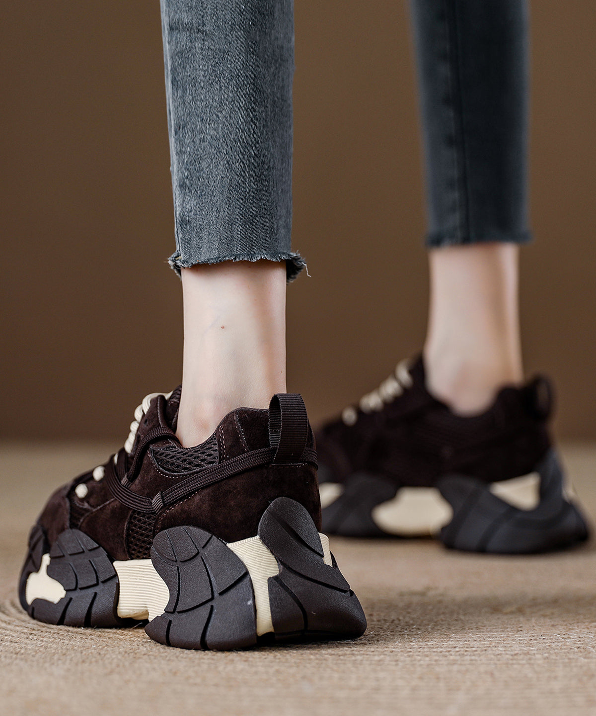 Chocolate Flats Platform Breathable Mesh Comfortable Splicing Lace Up