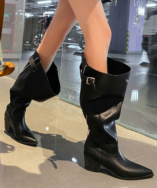 Splicing Chunky Boots Brown Cowhide Leather