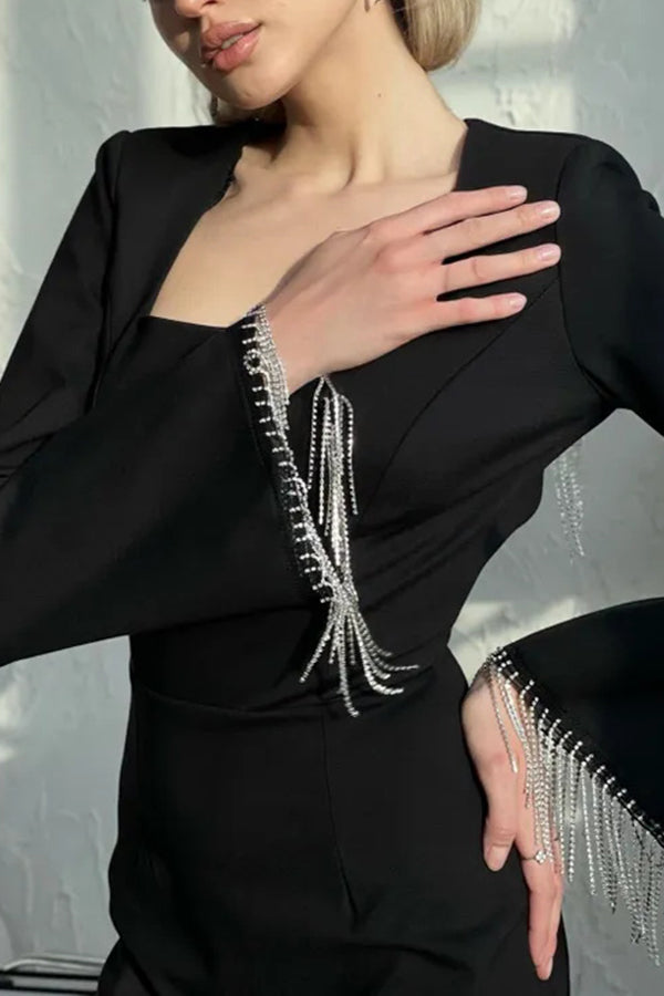 Fringed Square Neck Bell Sleeves Hollow Back Mini Dress