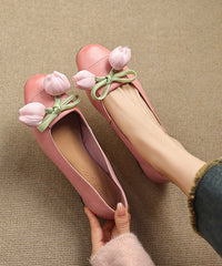 Elegant Green Bow Floral Splicing Cowhide Leather Flat Shoes