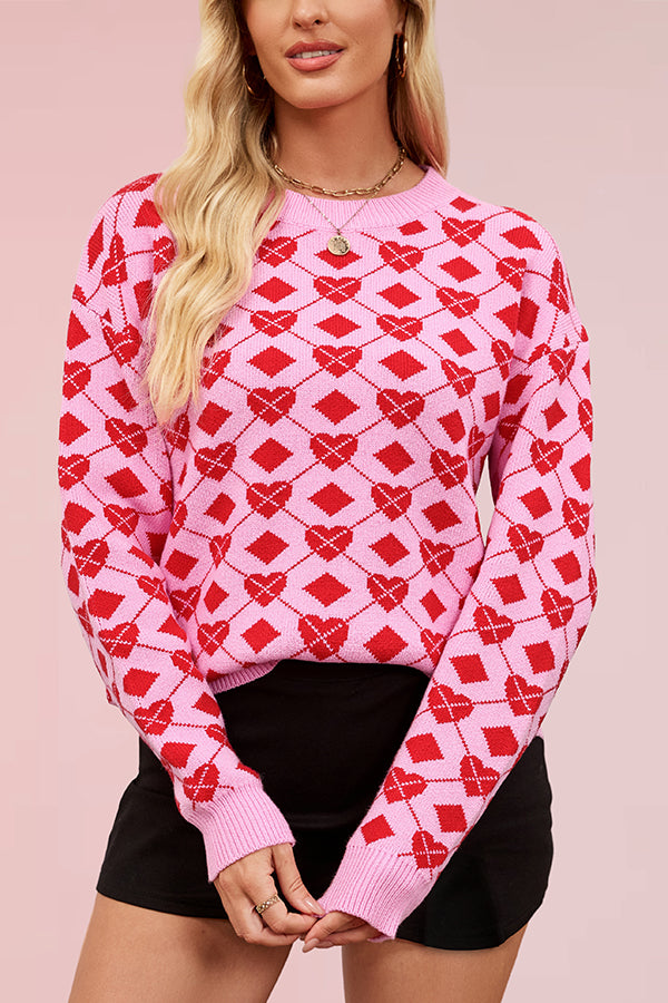 Heart-shaped Jacquard Loose Long-sleeved Knit Sweater