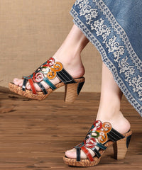 ColorblockC High Heel Cowhide Leather Cross Strap Slide Sandals