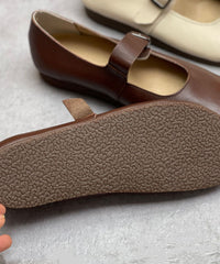 Chocolate Cowhide Leather Flat Shoes For Buckle Strap Flat Shoes For Women