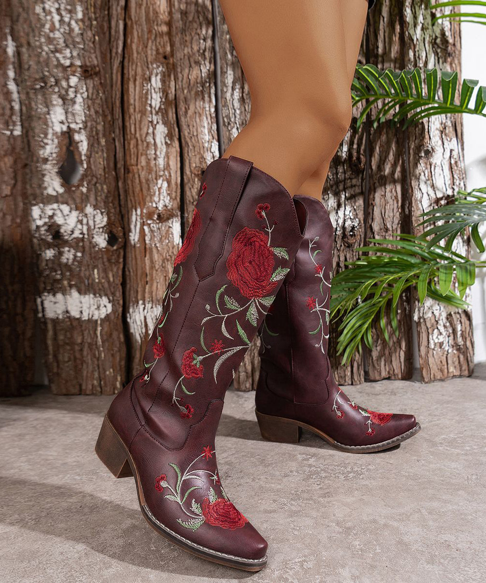 Wine Red Embossed Zippered Faux Leather Elegant Chunky Boots