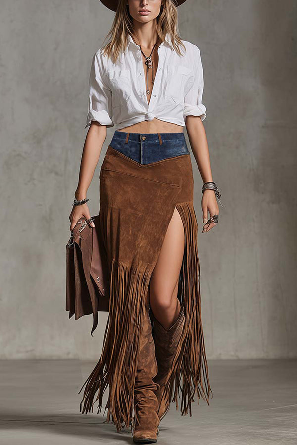 Denim Suede Patchwork Spliced slit Fringed Hem Extra-long Midi Skirt