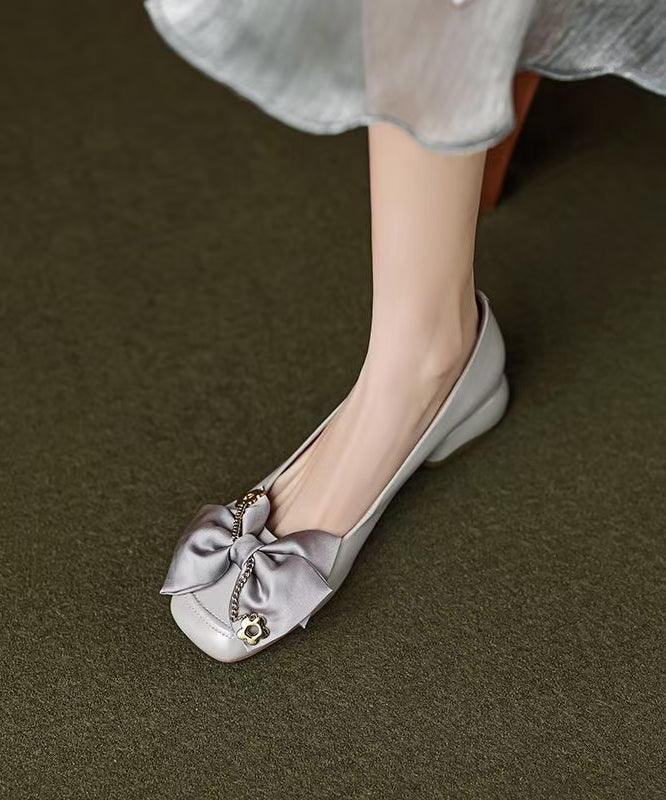 Classy Grey Chunky Flat Shoes Cowhide Leather Splicing Bow
