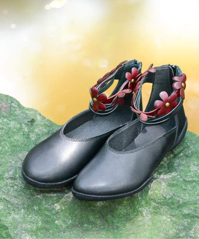 Genuine Leather Black Flat Shoes For Buckle Strap Flat Shoes For Women