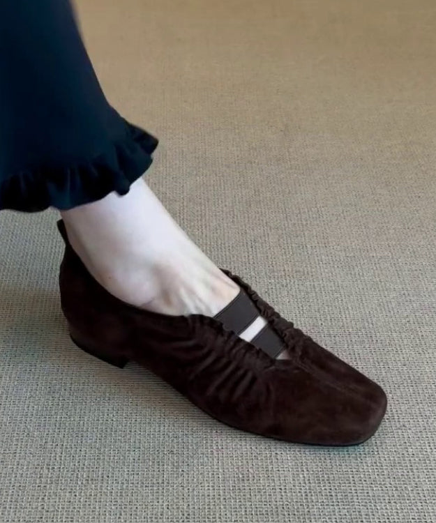 Brown Suede Wrinkled Splicing Flat Shoes For Women