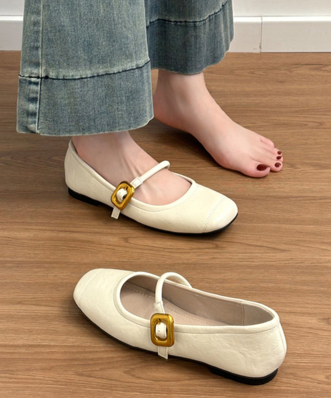 Black Cowhide Leather Chic Splicing Flat Shoes For Women