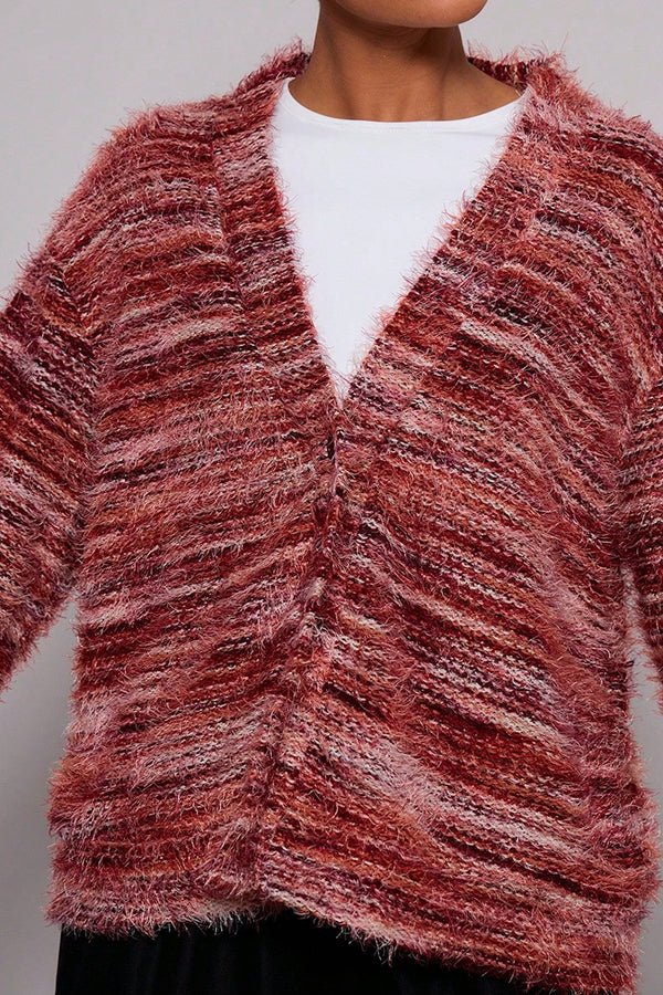 Mixed Color Loose V-neck Casual Knit Cardigan