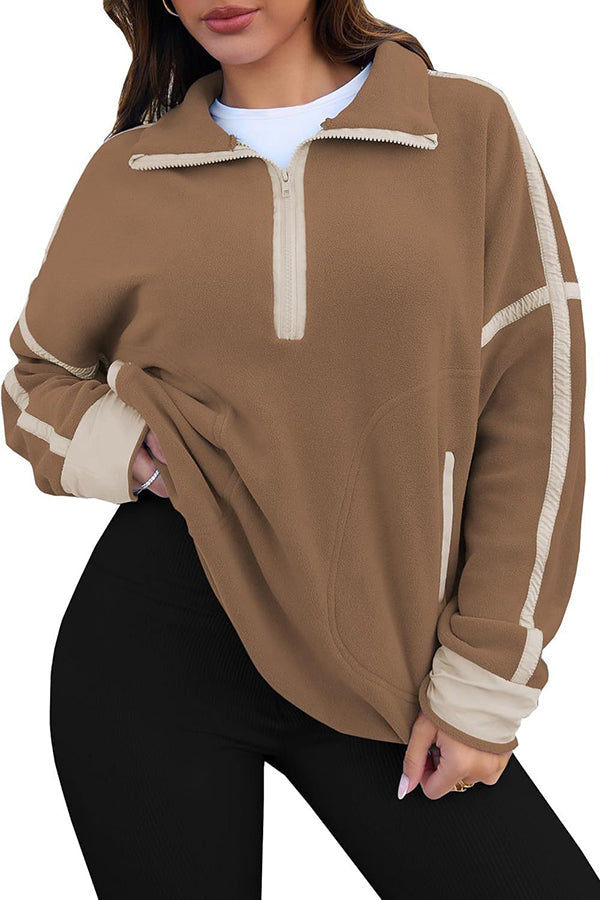 Color-blocked Trim Loose Casual Pocket Sweatshirt