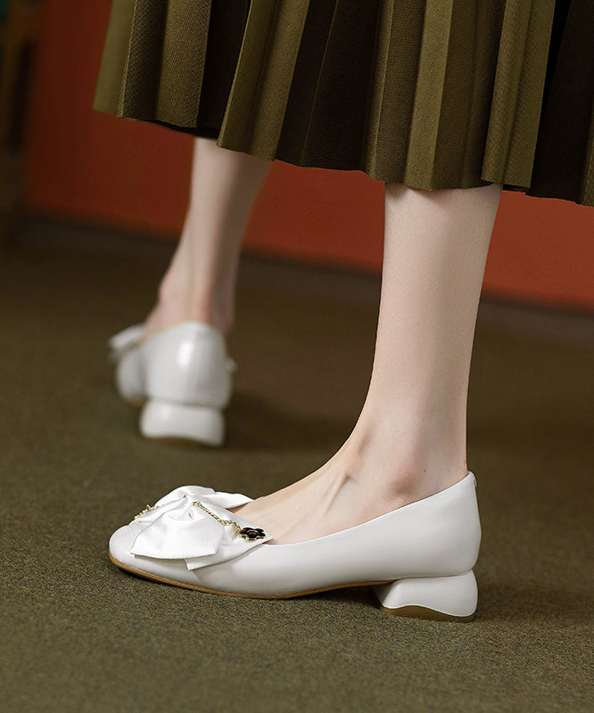 Classy Grey Chunky Flat Shoes Cowhide Leather Splicing Bow