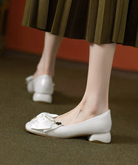 Classy Grey Chunky Flat Shoes Cowhide Leather Splicing Bow