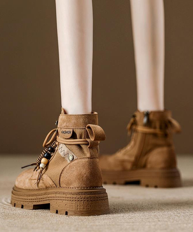 Brown Lace Up Zippered Splicing Platform Boots