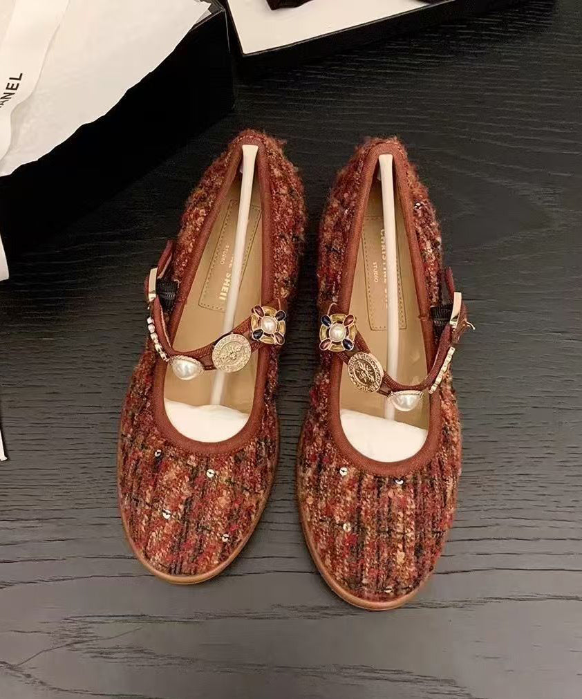 Black Woolen Splicing Flat Shoes Buckle Strap