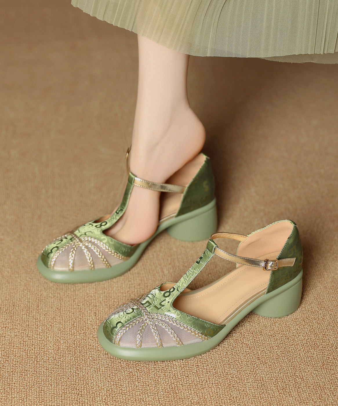 Unique Tulle Splicing Chunky Sandals Coffee Cowhide Leather