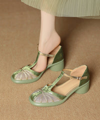 Unique Tulle Splicing Chunky Sandals Coffee Cowhide Leather