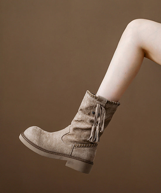 Khaki Suede Tassel Splicing Wrinkled Boots
