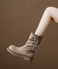 Khaki Suede Tassel Splicing Wrinkled Boots