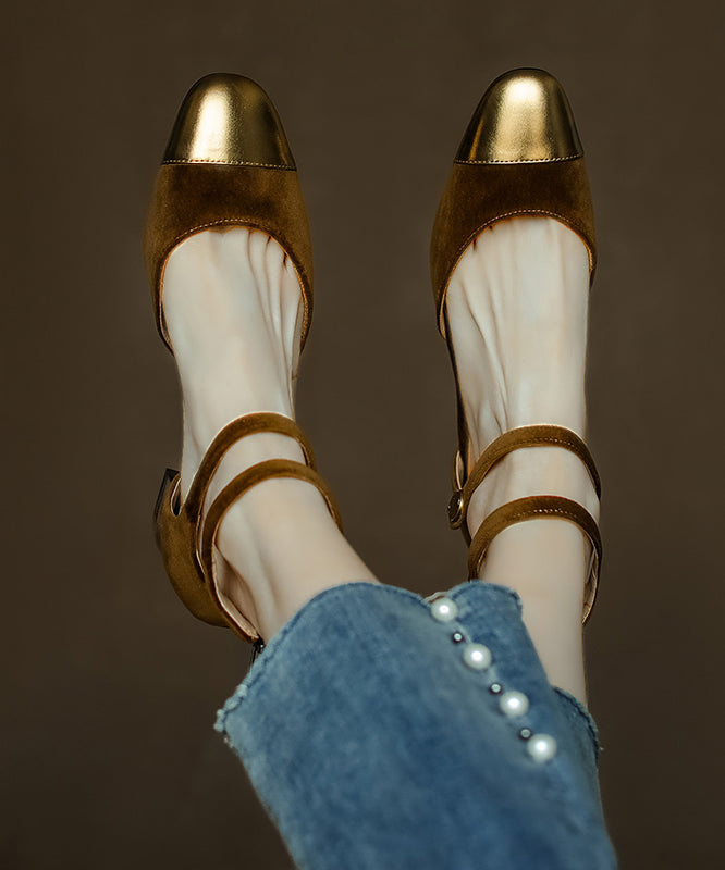 Women Champagne Velour Splicing Cowhide Leather Chunky Sandals