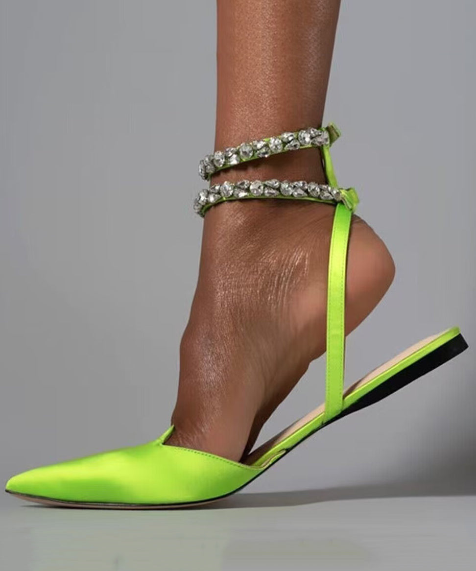 Green Flat Sandals American Style Splicing Zircon Pointed Toe
