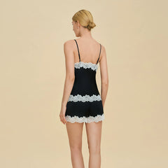 Elegant Morning Satin Lace Trim Halter Tie-up Tank and Elastic Waist Loose Pants Set