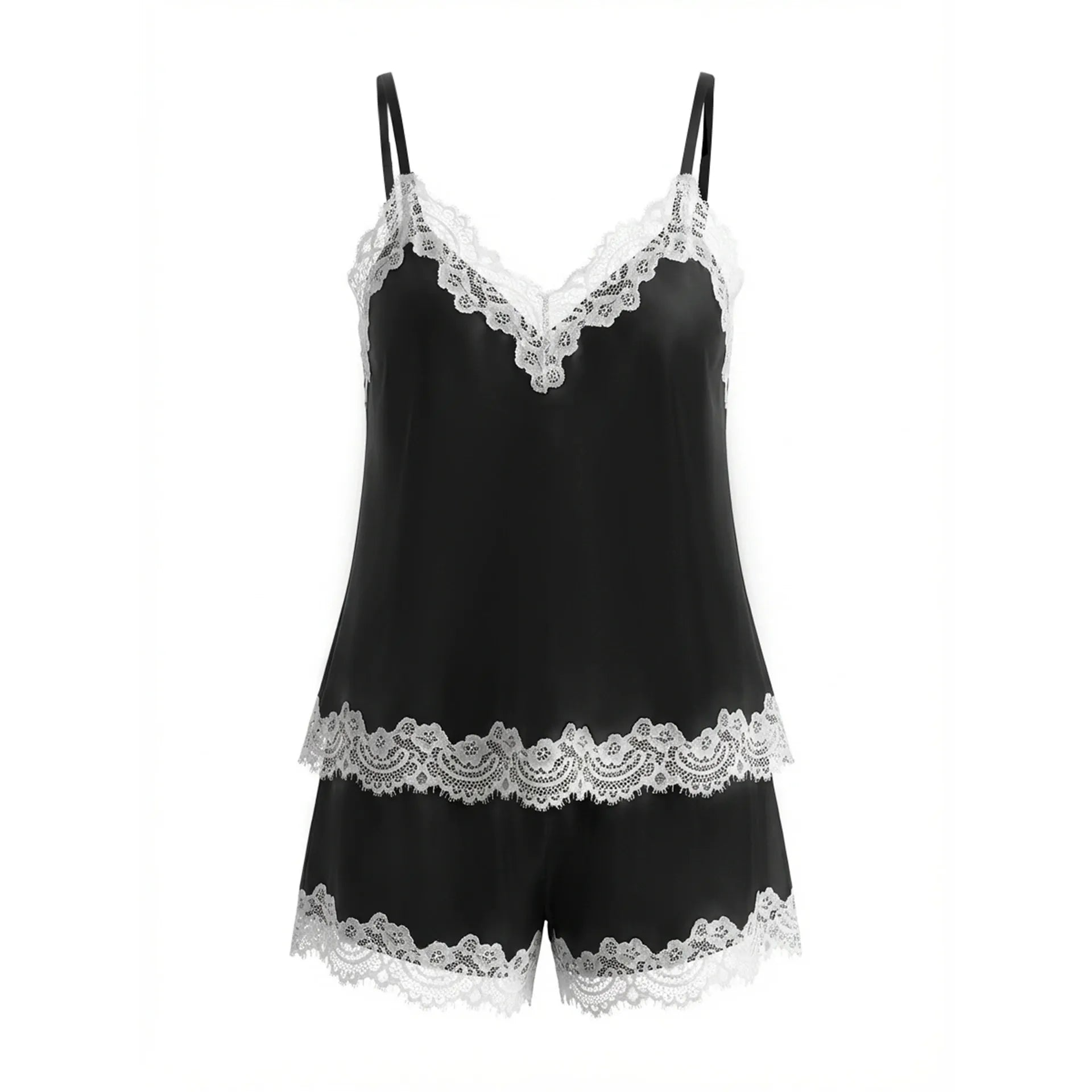 Elegant Morning Satin Lace Trim Halter Tie-up Tank and Elastic Waist Loose Pants Set