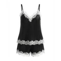 Elegant Morning Satin Lace Trim Halter Tie-up Tank and Elastic Waist Loose Pants Set