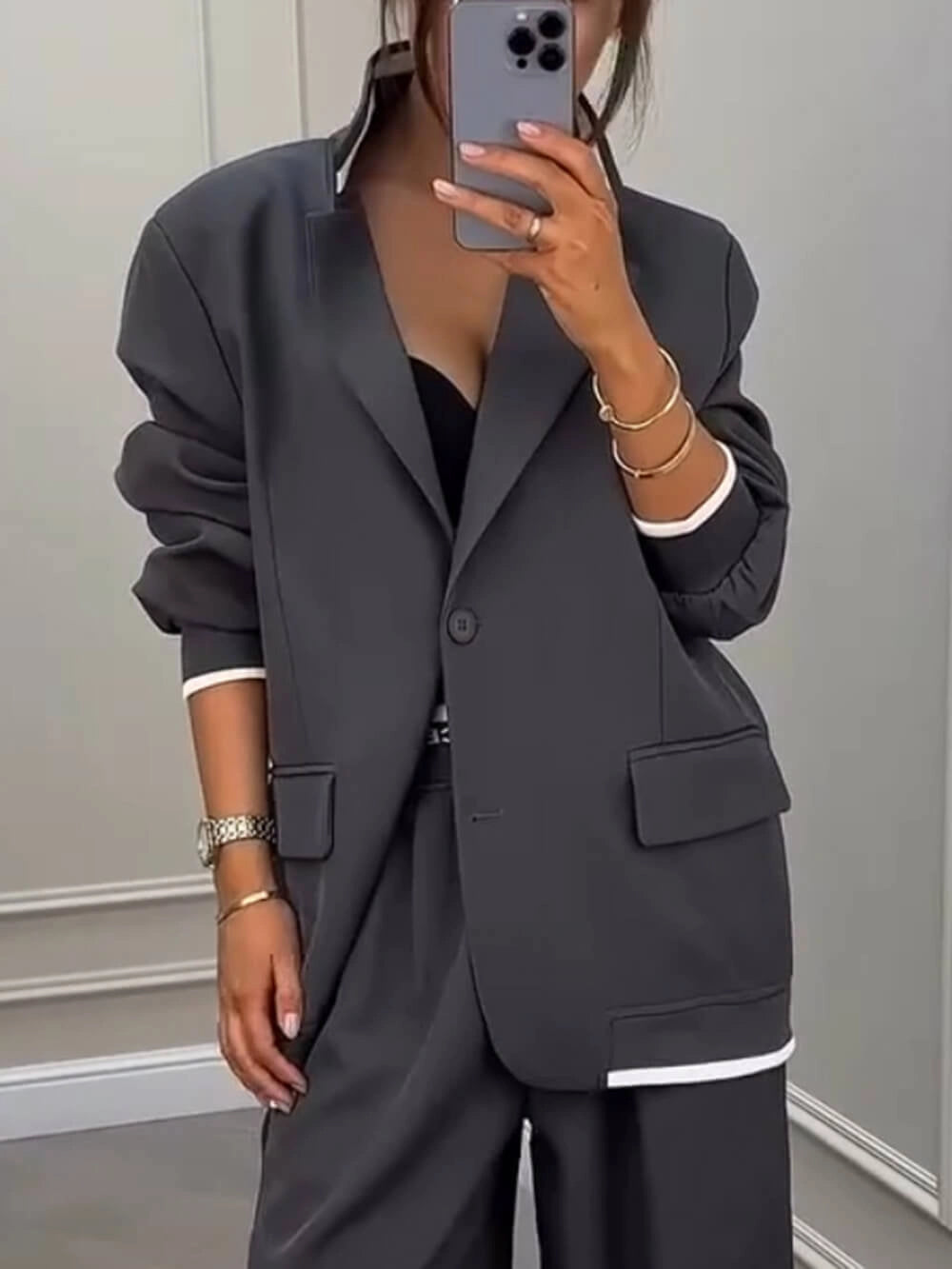 Sports Style Ribbed Colorblock Lapel Blazer and Elastic Waist Pocket Loose Pants Set