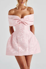 Raquel Floral Jacquard Oversized Off The Shoulder Bow Detail Mini Dress