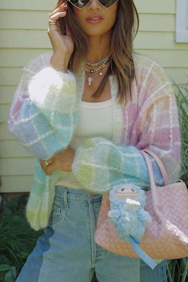 Palette Day Knit Color Blocks Open Front Balloon Sleeve Loose Cardigan
